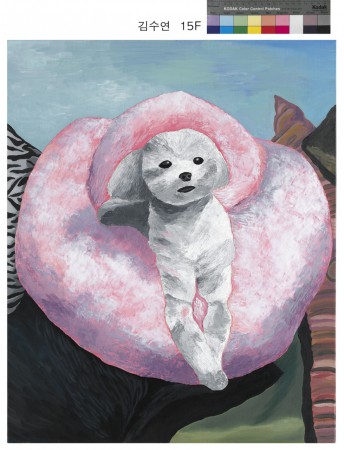 핑크쿠션위의 하얀 강아지 White dog on the pink cushion
